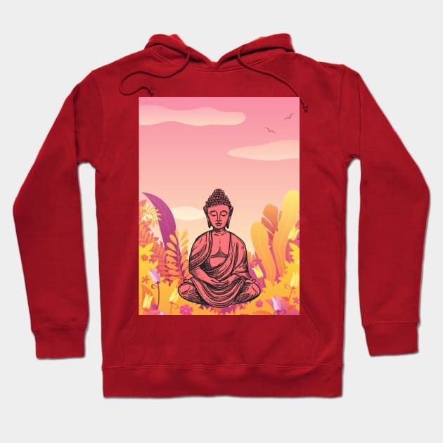 Vibrant Pink and Yellow Mountain Buddha Graphic Hoodie by WonderfulHumans
